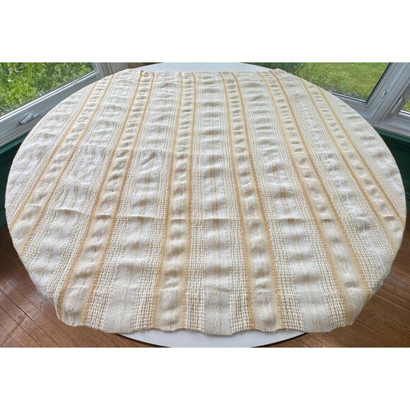 Vintage 70s curtain, beige, tan, orange vertical stripes, rod header panel - Picture 1 of 9
